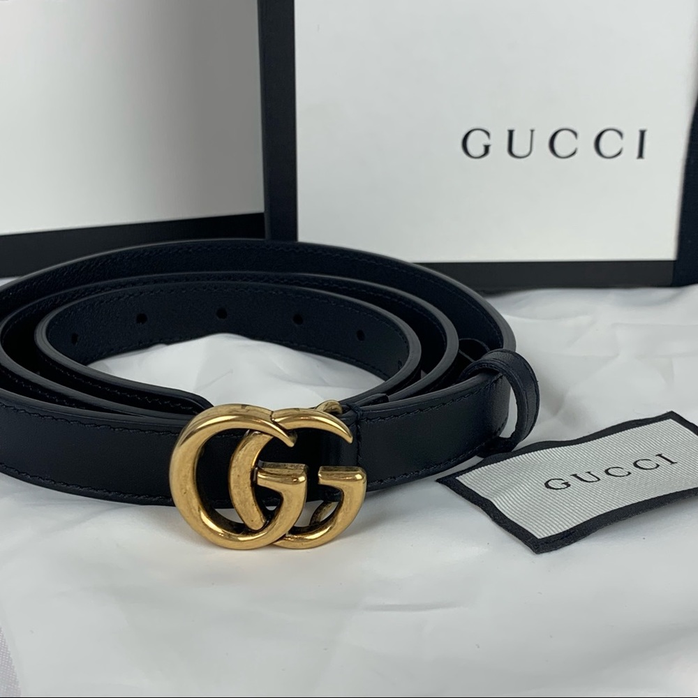 Gucci Black Leather Double G Thin Belt 95-38